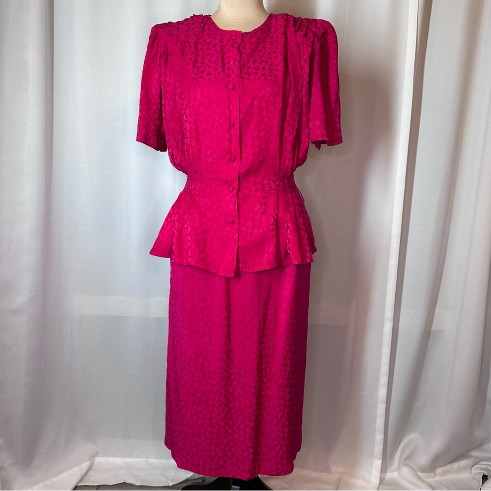 Vintage ARGENTI Silk Top Skirt Set  Sz10 Short Sleeve Cinch Waist Pink READ